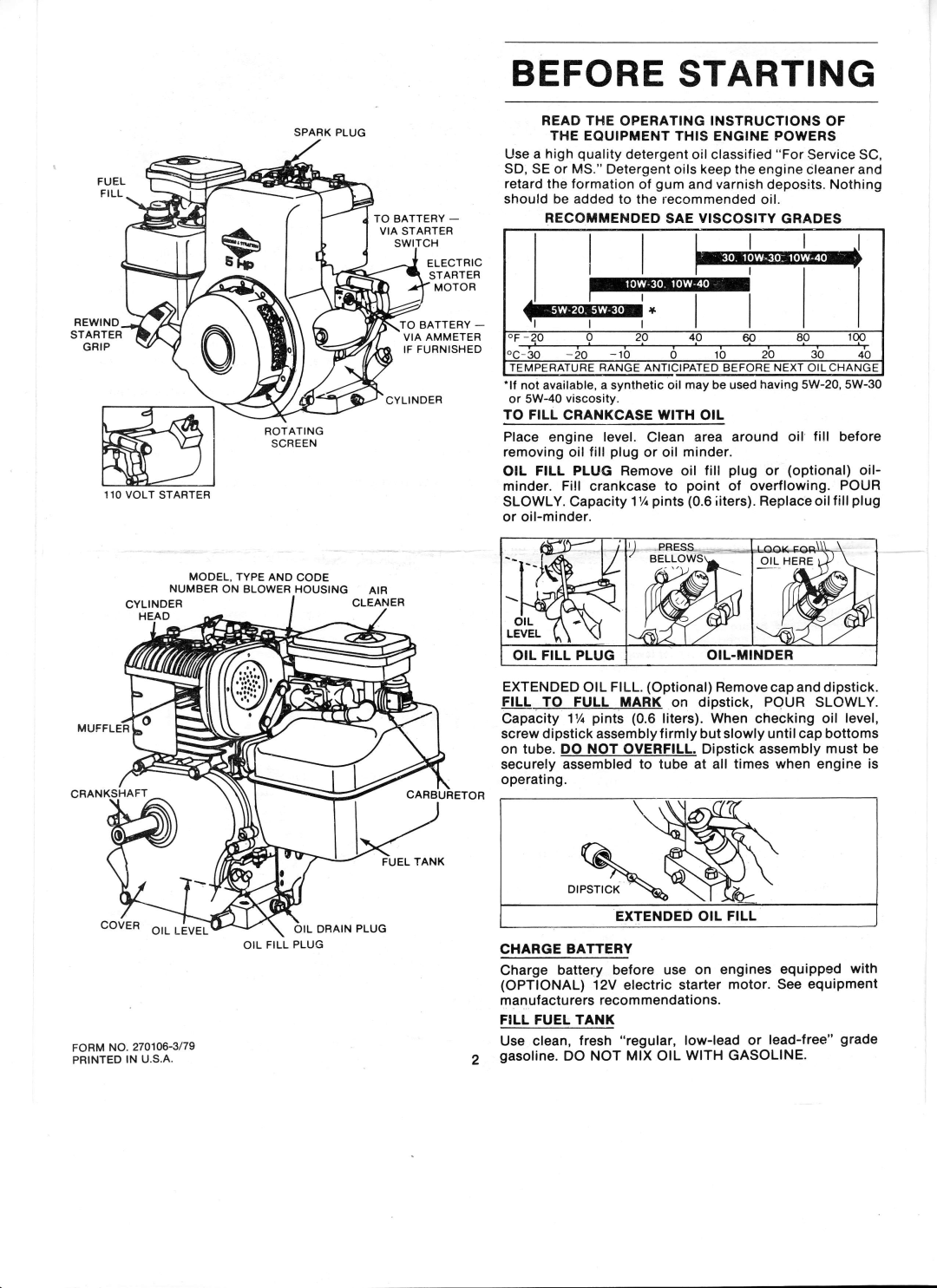 Ward's GIL-39012B manual Beforestarting, Recommendedsae Viscositygrades, To Fill Crankcasewith OIL, Fill Fuel Tank 