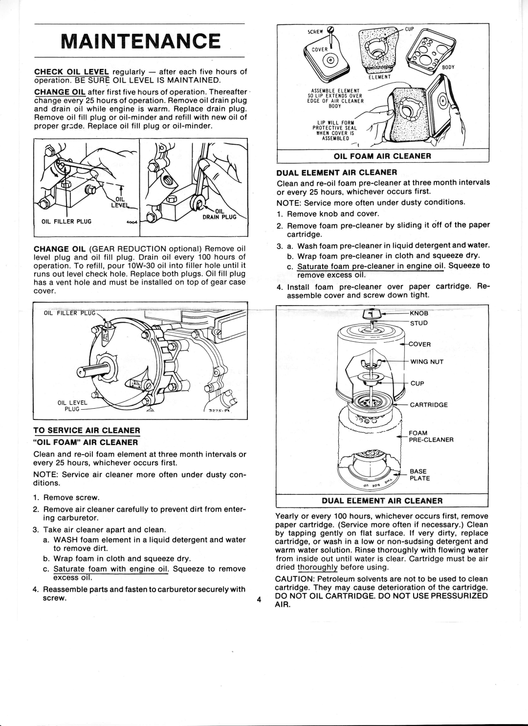 Ward's GIL-39012B manual To Serviceair Cleaner OIL Foamair Cleaner, OIL Foam AIR Cleaner Dual Elementair Cleaner 