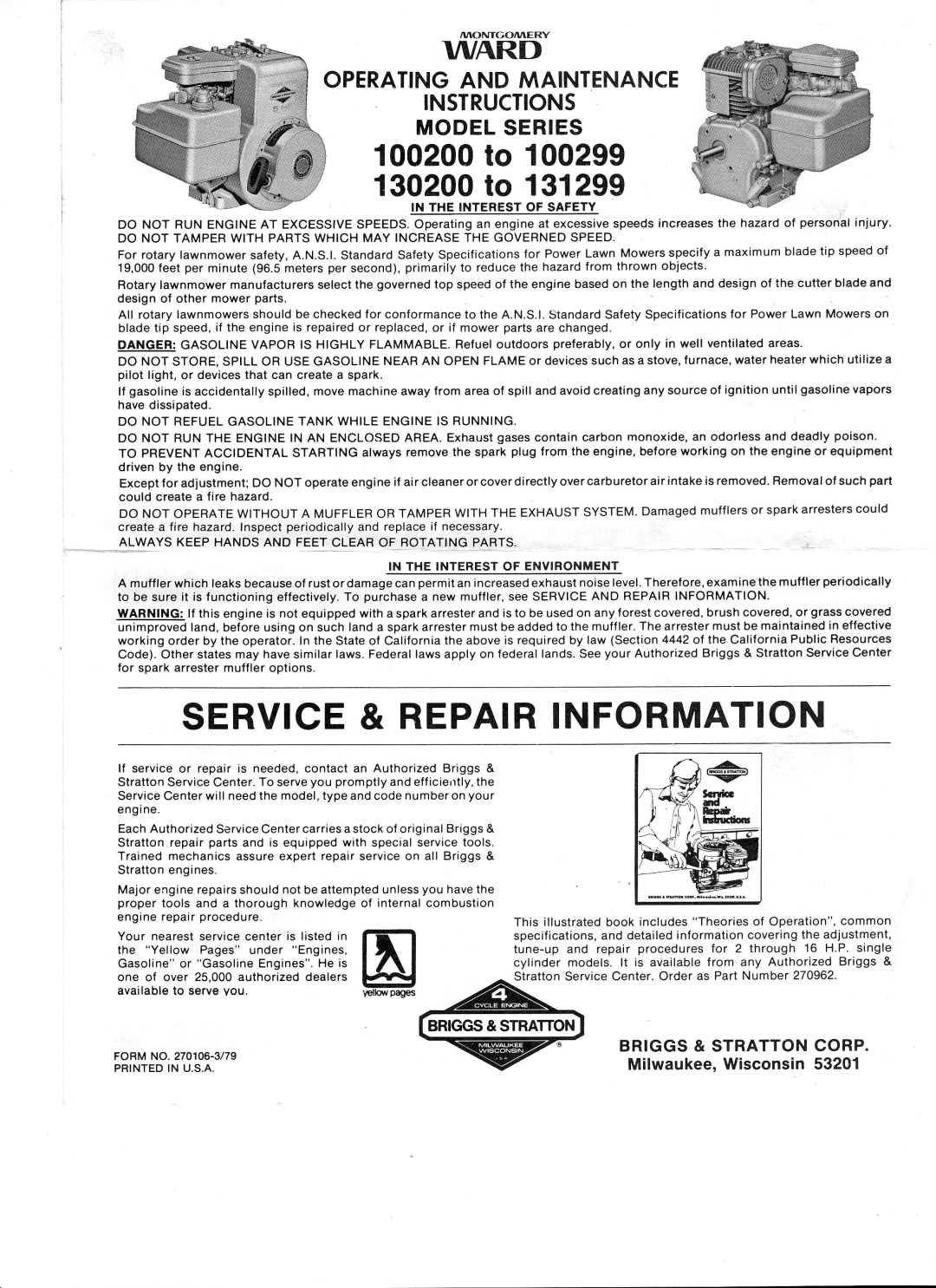 Ward's GIL-39012B Service& Repairinformation, ri/Hff6, 100200to 100299 130200to, BRIGGS& STRATTONCORP Milwaukee,Wisconsin 