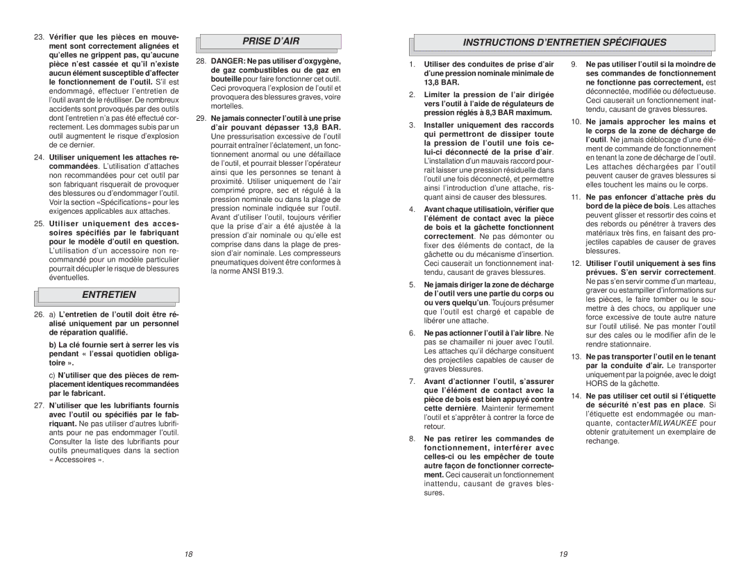 Waring 7155-21 manual Prise D’AIR Instructions D’ENTRETIEN Spécifiques, Entretien 