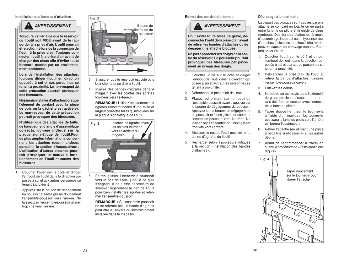 Waring 7155-21 manual Installation des bandes d’attaches, Retrait des bandes d’attaches, Déblocage d’une attache 