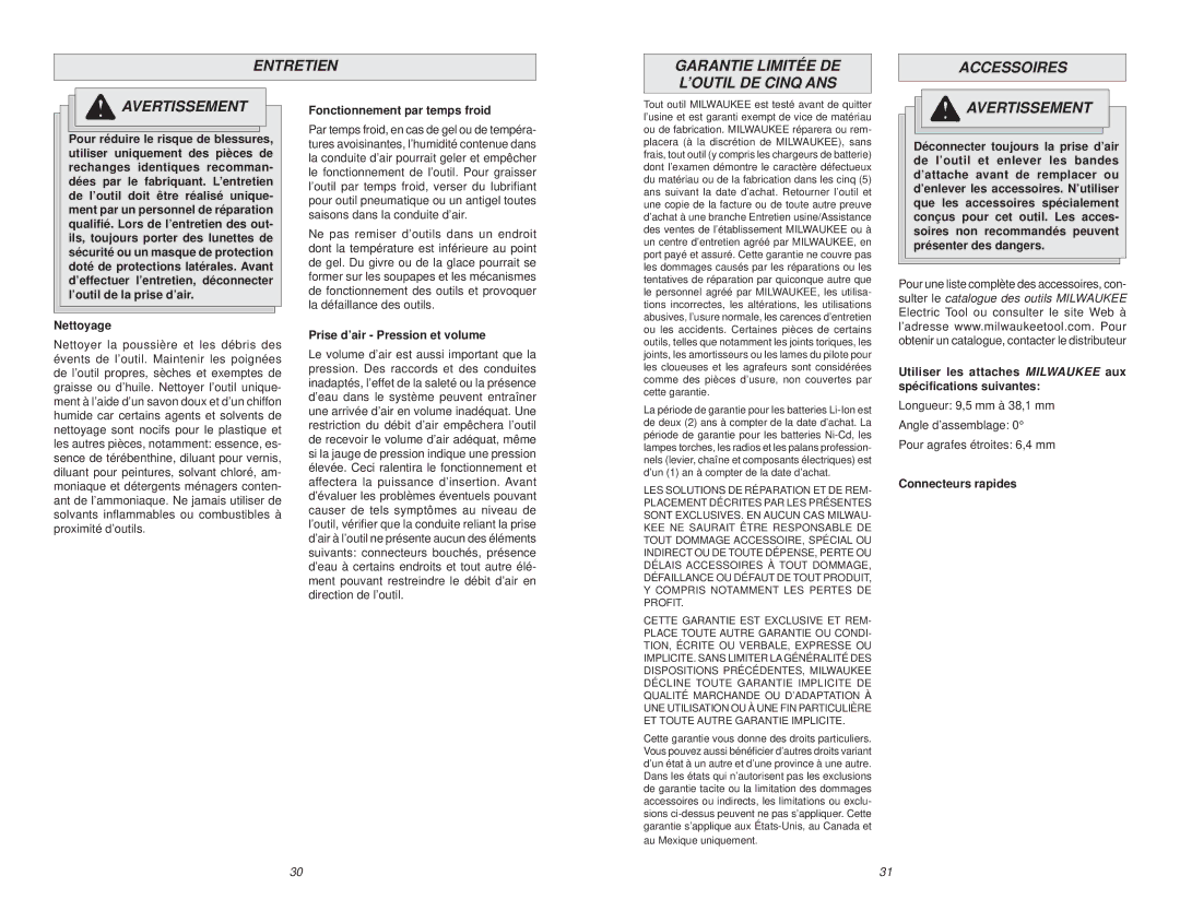 Waring 7155-21 manual Fonctionnement par temps froid, Nettoyage, Prise d’air Pression et volume, Connecteurs rapides 