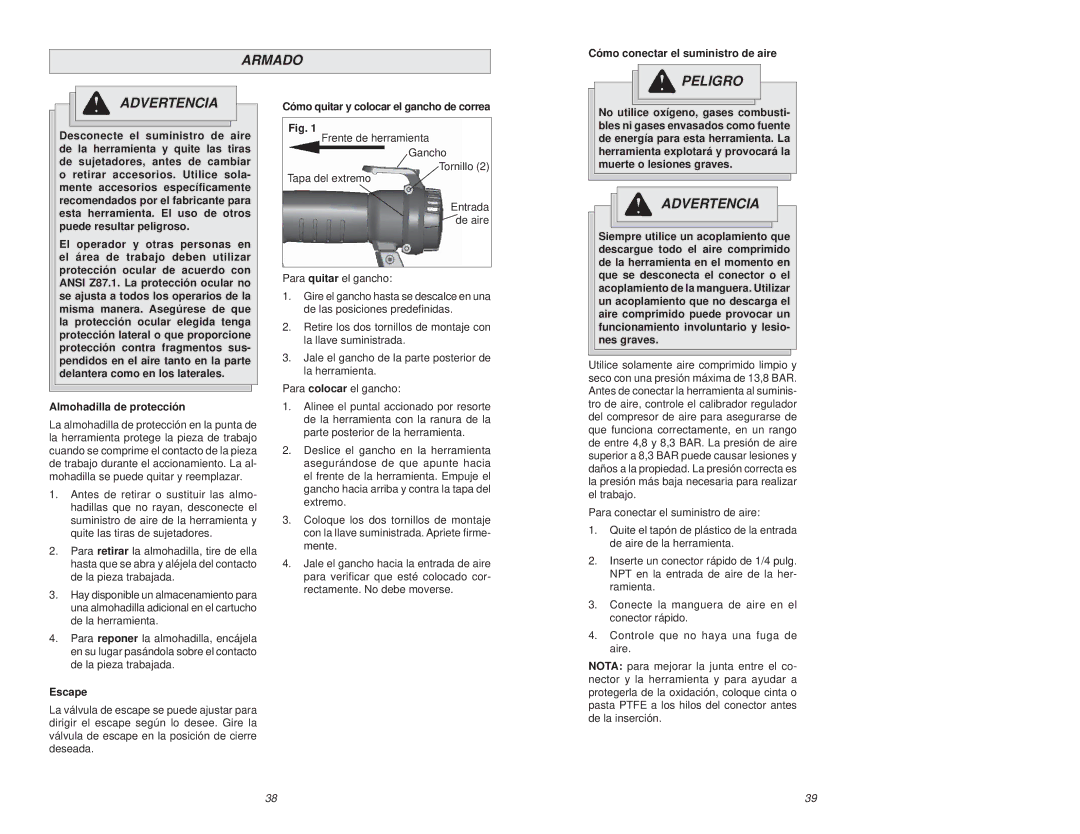 Waring 7155-21 manual Armado, Cómo conectar el suministro de aire, Cómo quitar y colocar el gancho de correa, Escape 