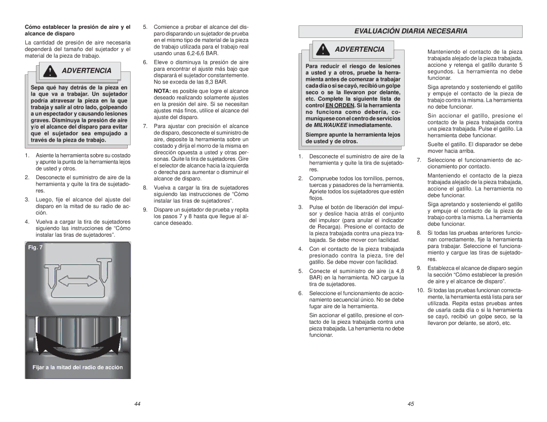 Waring 7155-21 manual Evaluación Diaria Necesaria, ¡Advertencia, Cómo establecer la presión de aire y el alcance de disparo 