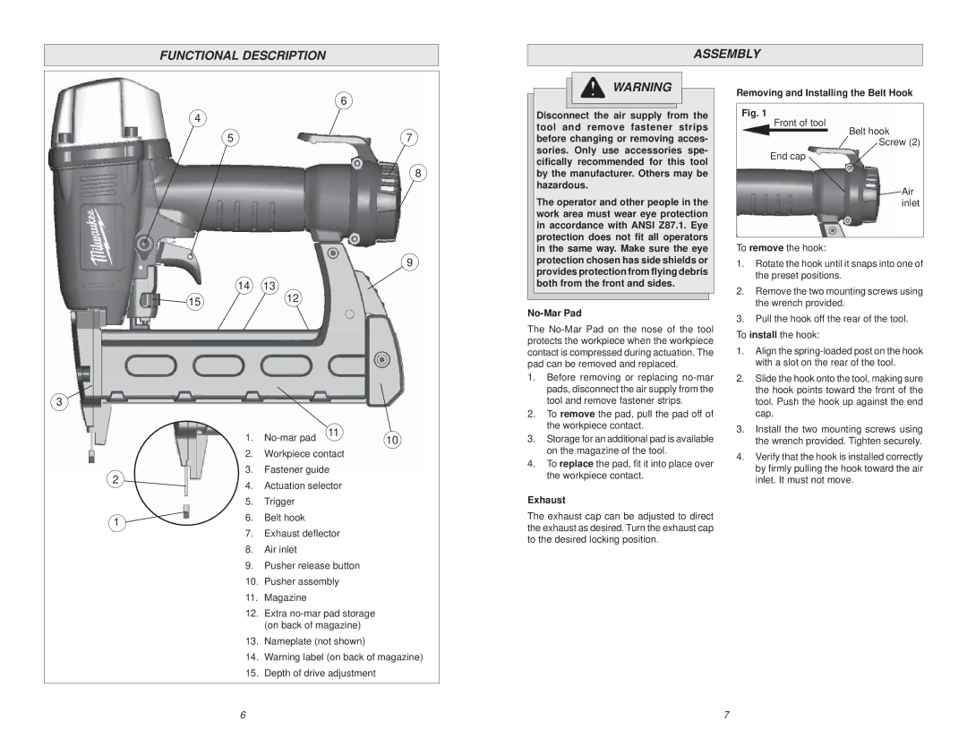 Waring 7155-21 manual Functional Description Assembly, Removing and Installing the Belt Hook, No-Mar Pad, Exhaust 