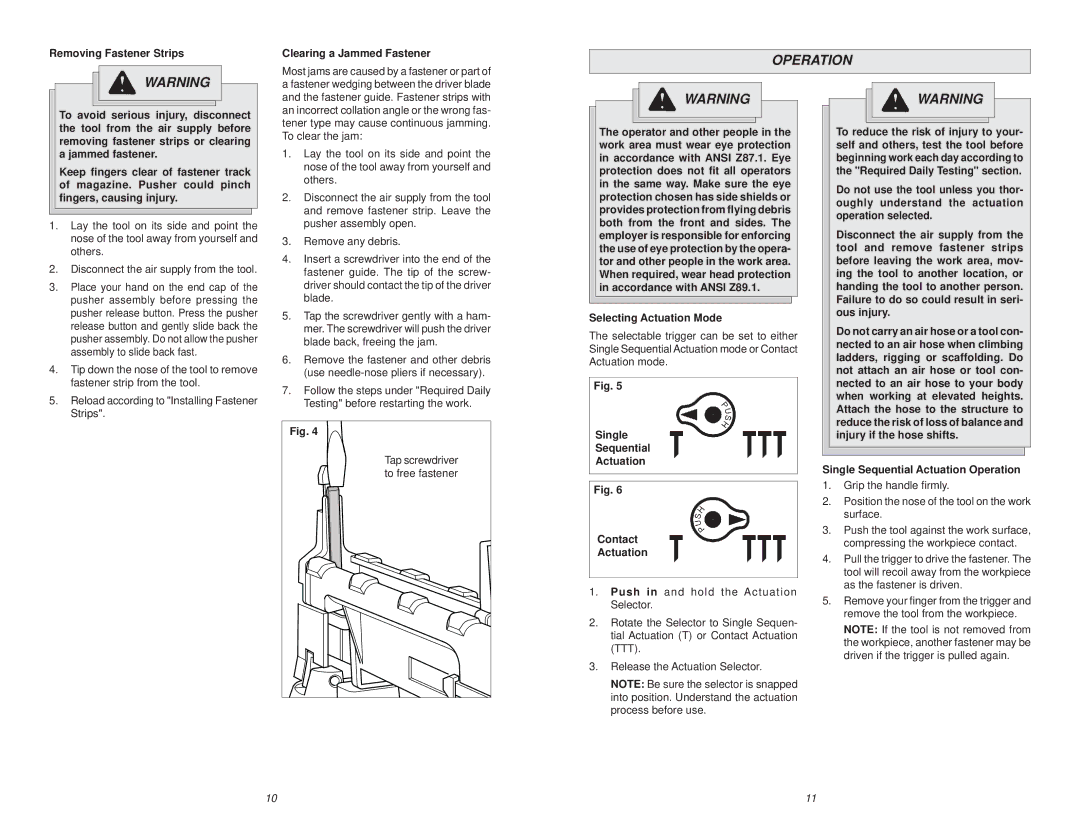 Waring 7155-21 manual Operation, Removing Fastener Strips Clearing a Jammed Fastener, Selecting Actuation Mode 