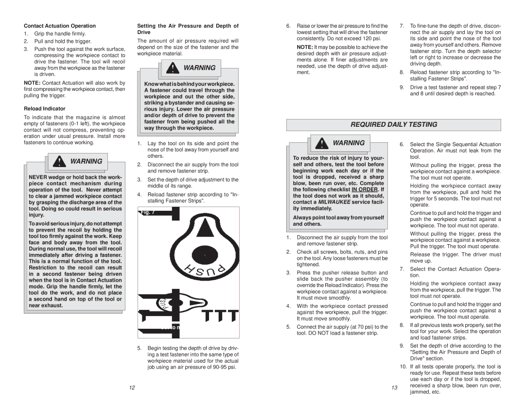 Waring 7155-21 manual Required Daily Testing, Contact Actuation Operation, Always point tool away from yourself and others 