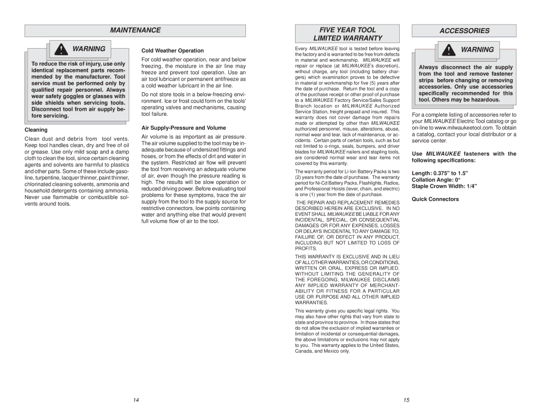Waring 7155-21 manual Maintenance Five Year Tool Accessories, Limited Warranty, Cleaning, Cold Weather Operation 