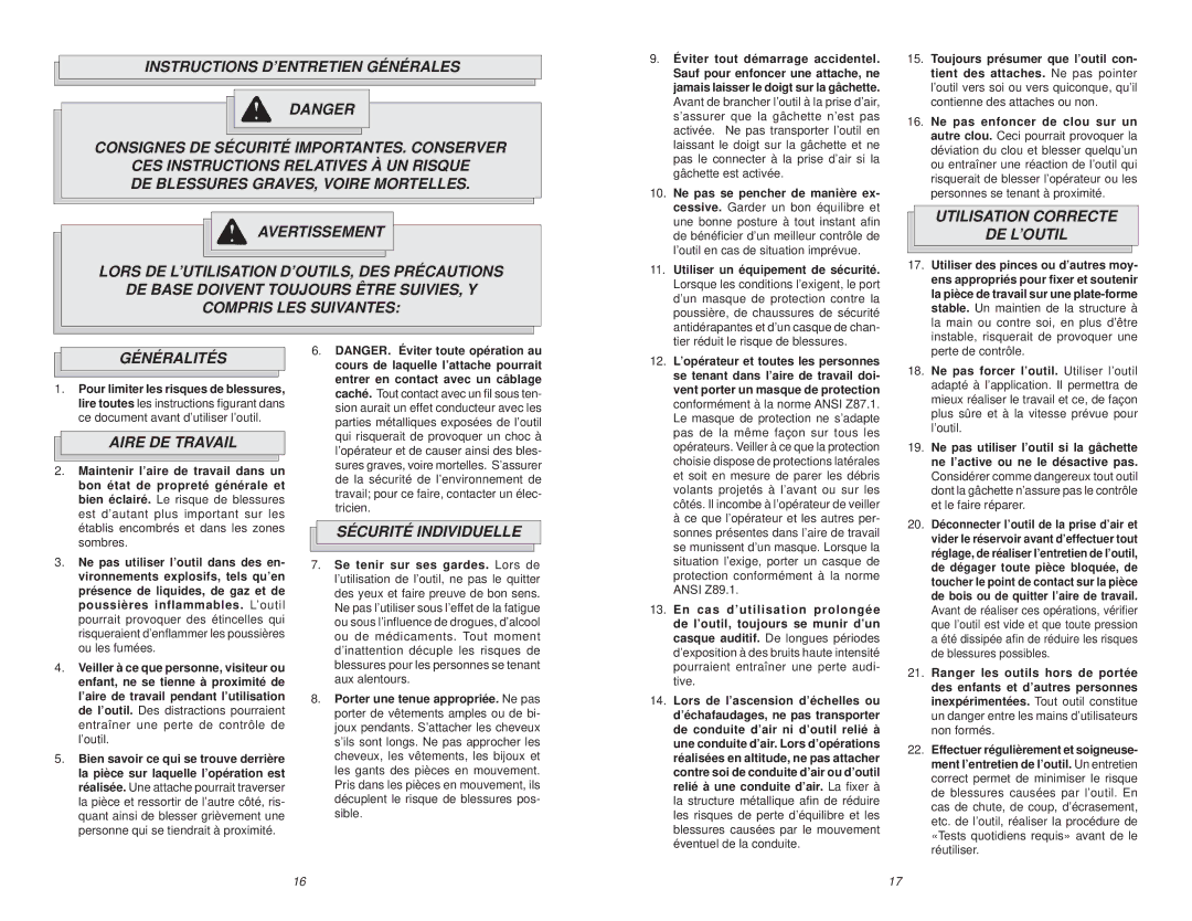 Waring 7155-21 manual Utilisation Correcte DE L’OUTIL, Généralités, Aire DE Travail, Sécurité Individuelle 