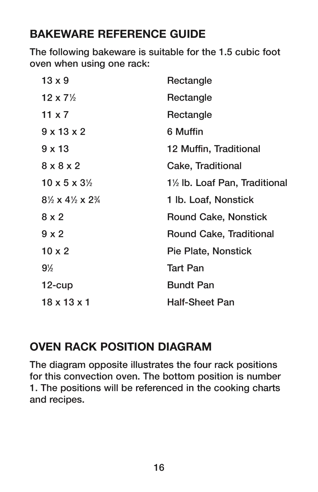 Waring CO1500B manual Bakeware Reference Guide, Oven Rack Position Diagram 