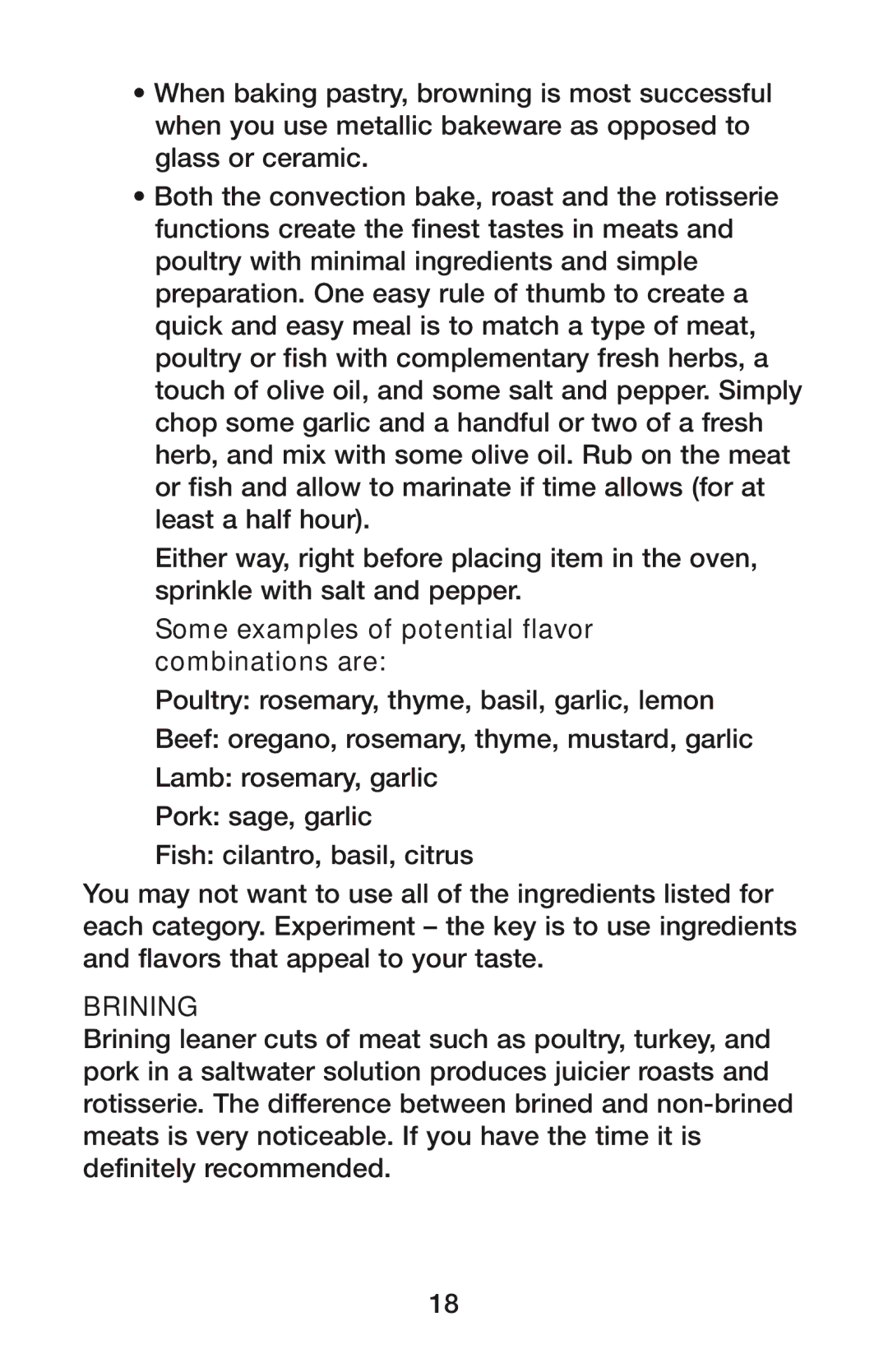 Waring CO1500B manual Some examples of potential flavor combinations are, Brining 