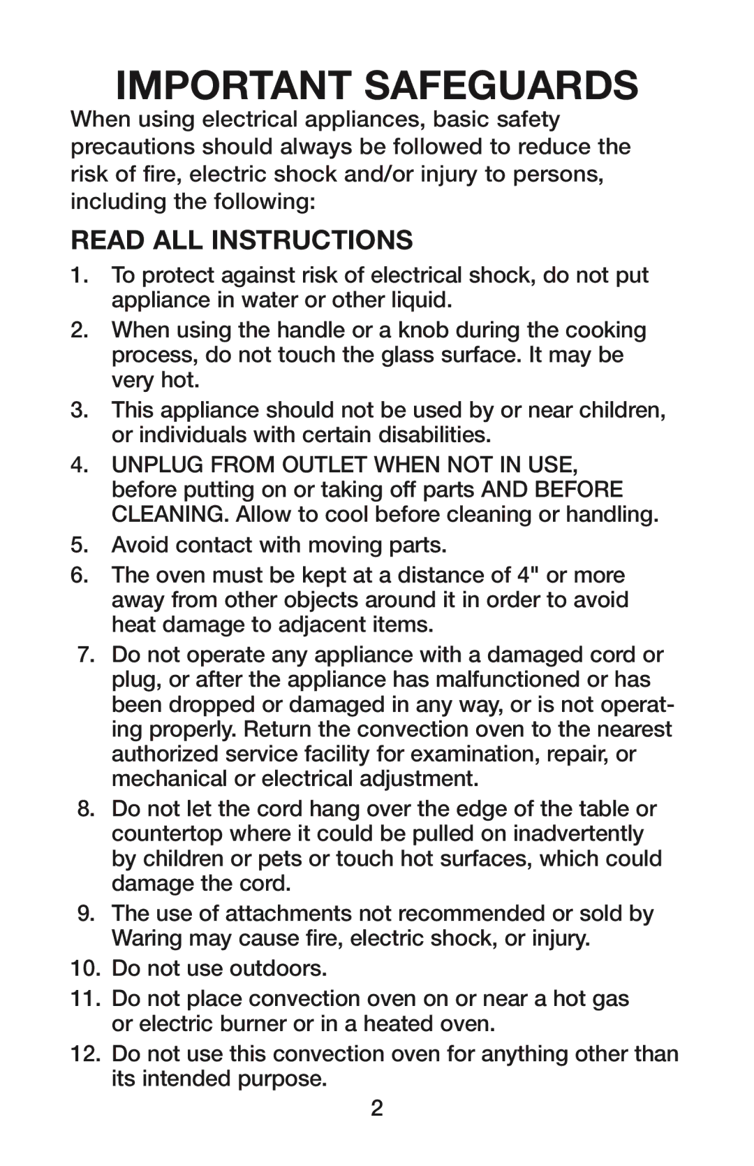 Waring CO1500B manual Important Safeguards, Read ALL Instructions 