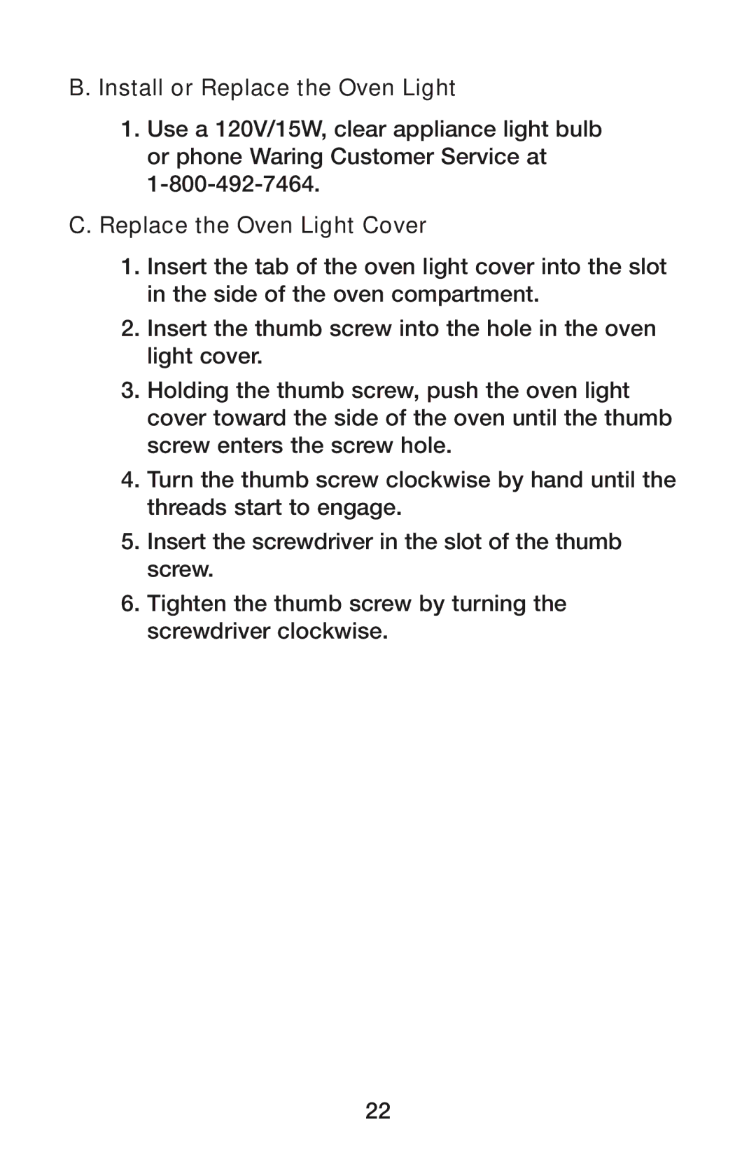 Waring CO1500B manual Install or Replace the Oven Light, Replace the Oven Light Cover 