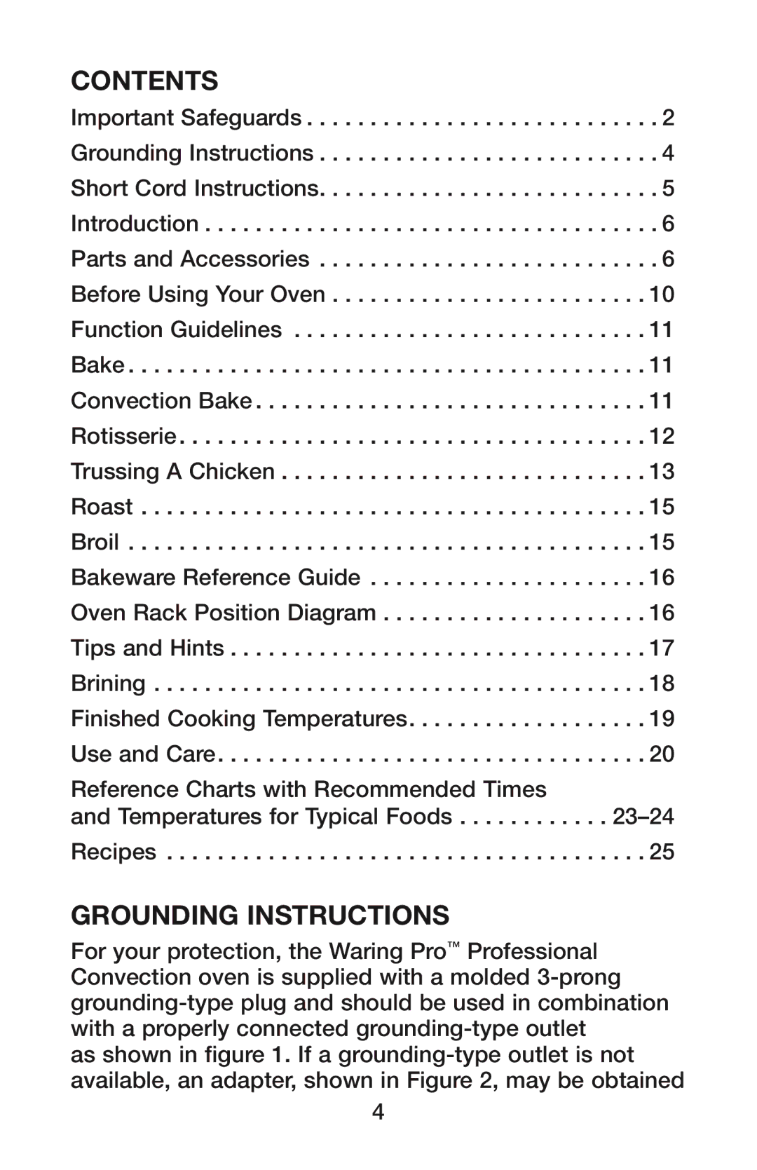 Waring CO1500B manual Contents 