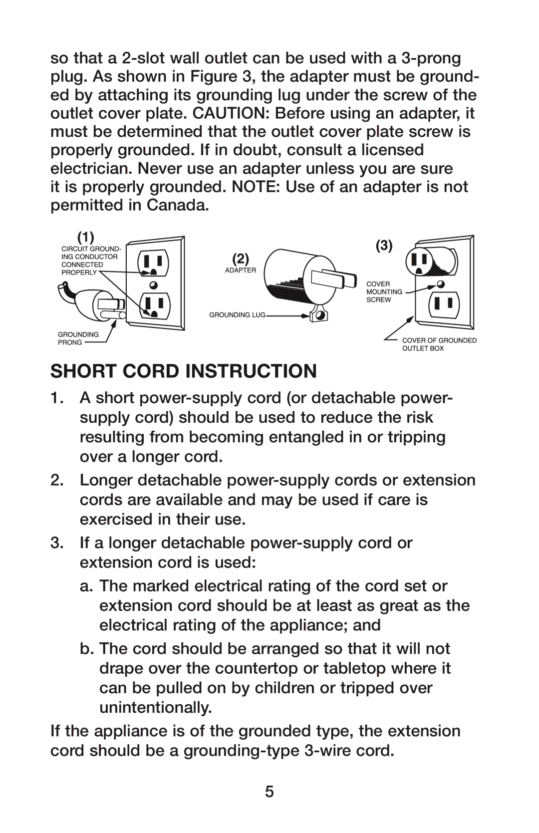 Waring CO1500B manual Short Cord Instruction 