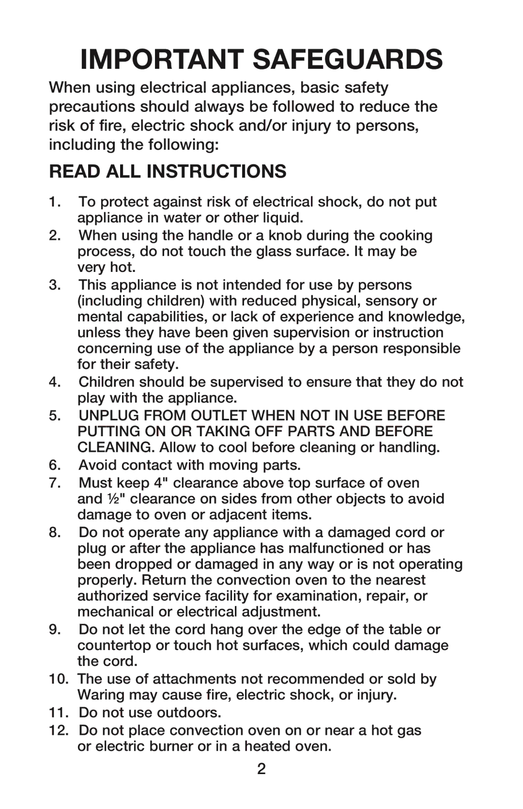 Waring CO900B manual Important Safeguards, Read ALL Instructions 