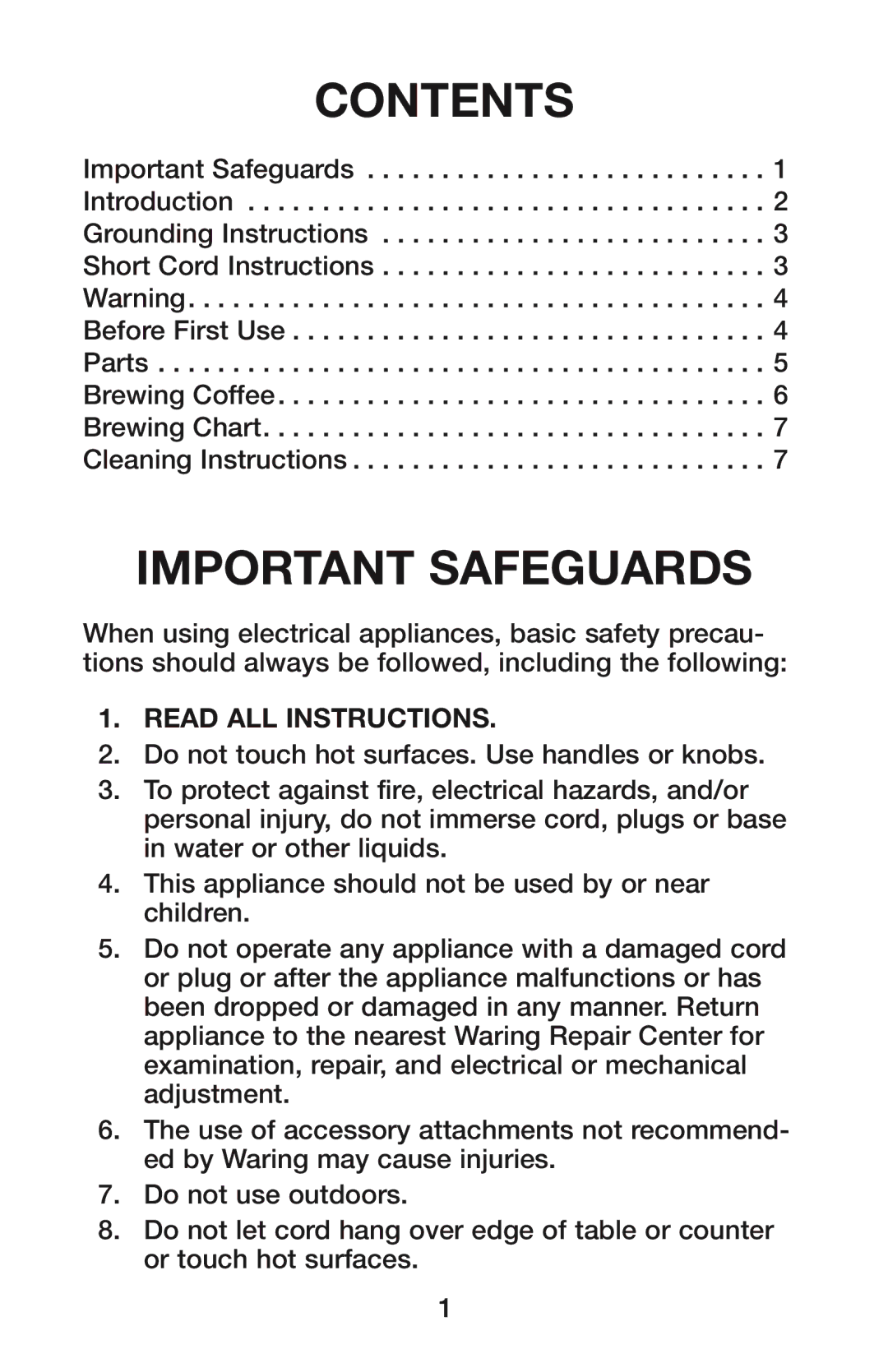 Waring CU-55 manual Contents 