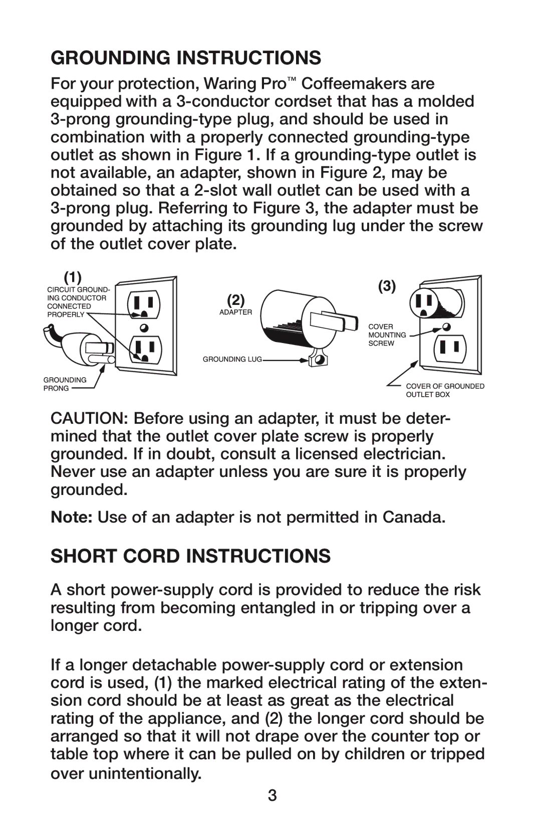 Waring CU-55 manual Grounding Instructions, Short Cord Instructions 