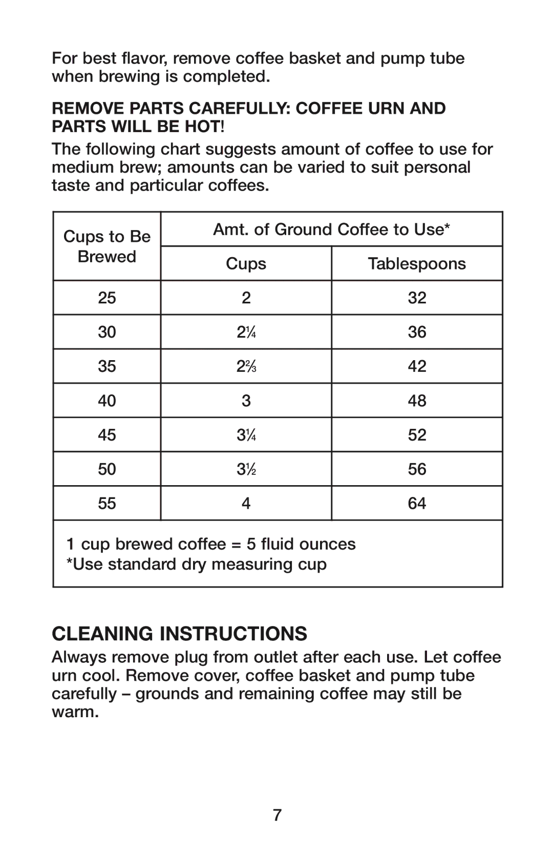 Waring CU-55 manual Cleaning instructions, Remove Parts Carefully Coffee URN and Parts will be HOT 