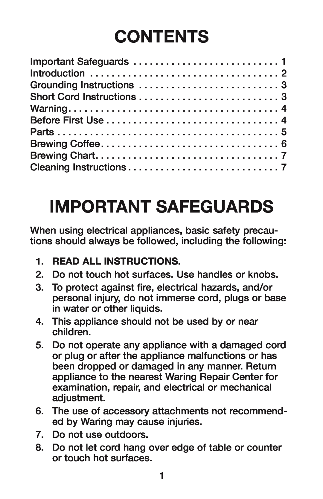 Waring CU-55 manual Contents, Important Safeguards, Read All Instructions 