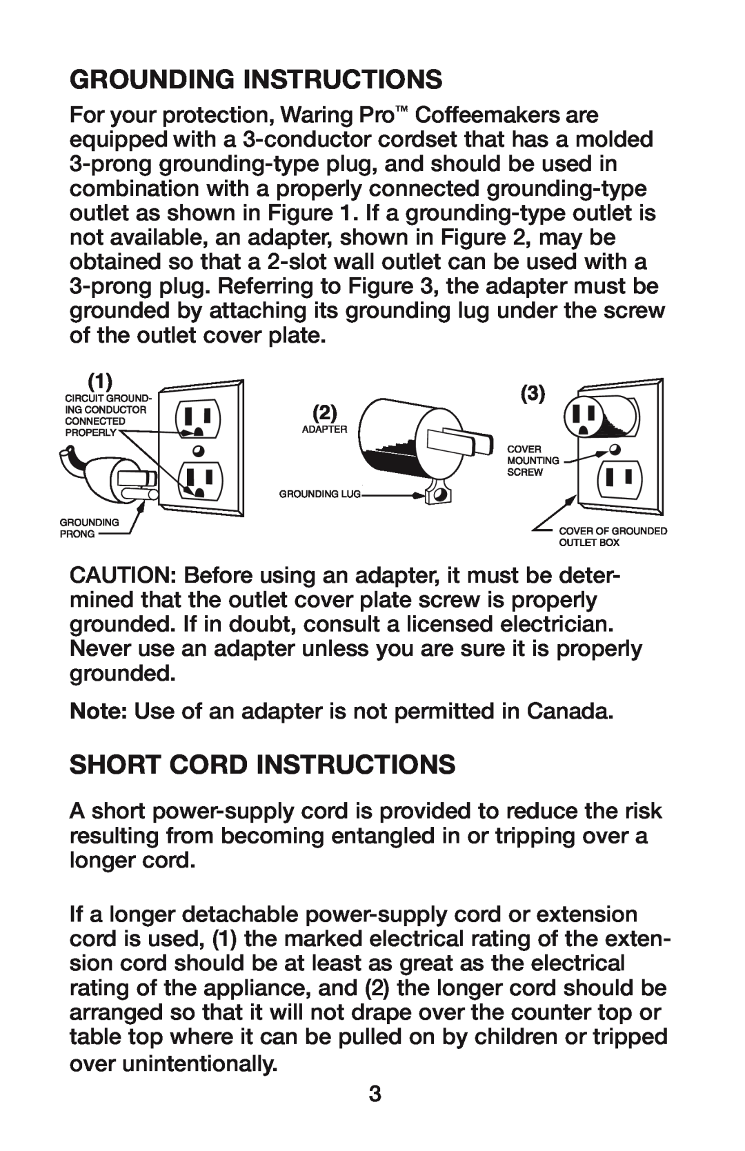 Waring CU-55 manual Grounding Instructions, Short Cord Instructions 