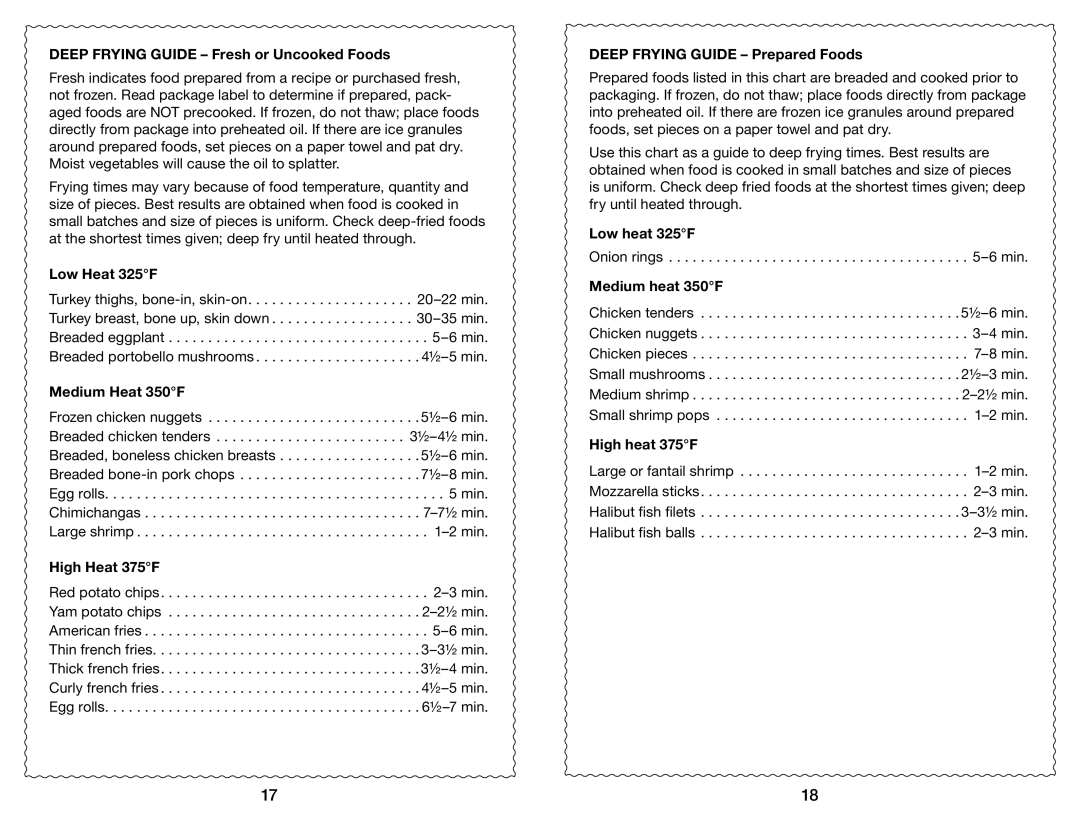 Waring DF175 manual Deep Frying Guide Fresh or Uncooked Foods, Low Heat 325F, Medium Heat 350F, High Heat 375F 