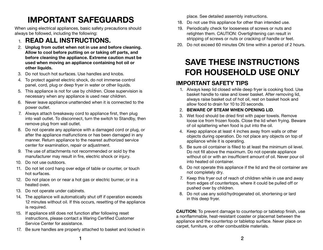 Waring DF175 manual Important Safeguards, Important Safety Tips 