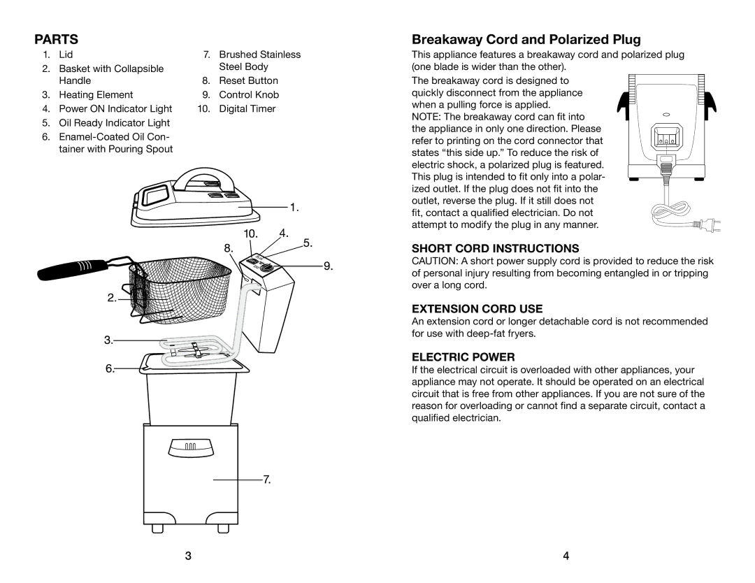 Waring DF175 manual Parts, Breakaway Cord and Polarized Plug 