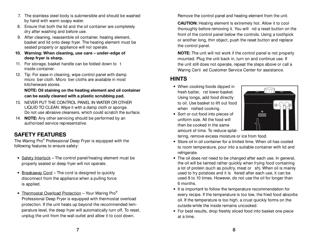 Waring DF175 manual Safety Features, Hints 