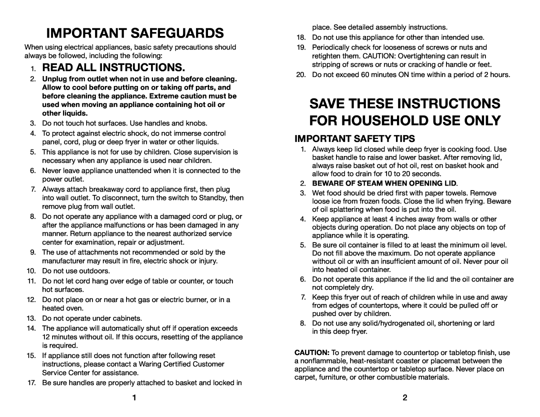 Waring DF175 manual Important Safety Tips, Important Safeguards, Save These Instructions For Household Use Only 