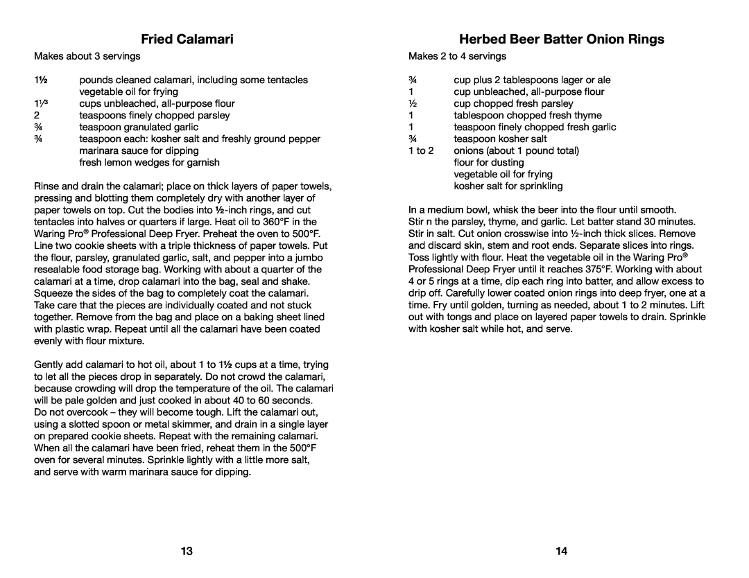 Waring DF175 manual Fried Calamari, Herbed Beer Batter Onion Rings 