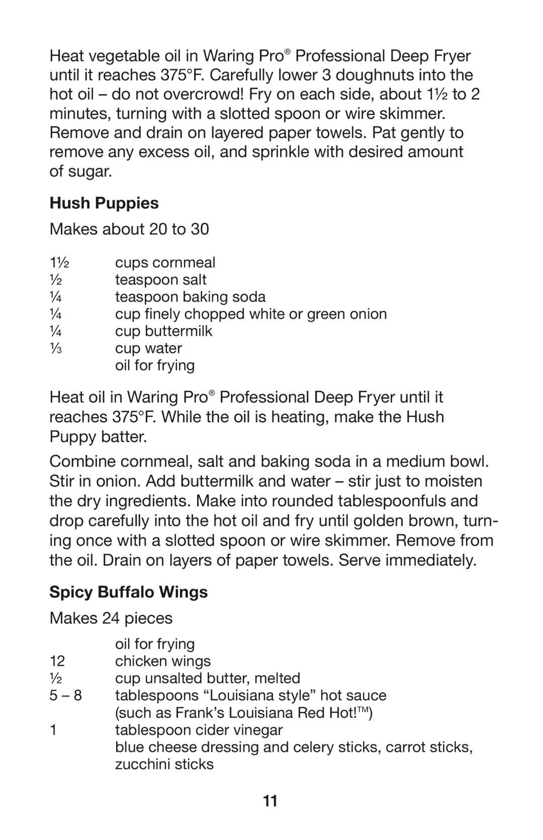 Waring DF280, DF250B manual Hush Puppies, Makes about 20 to, Spicy Buffalo Wings, Makes 24 pieces 