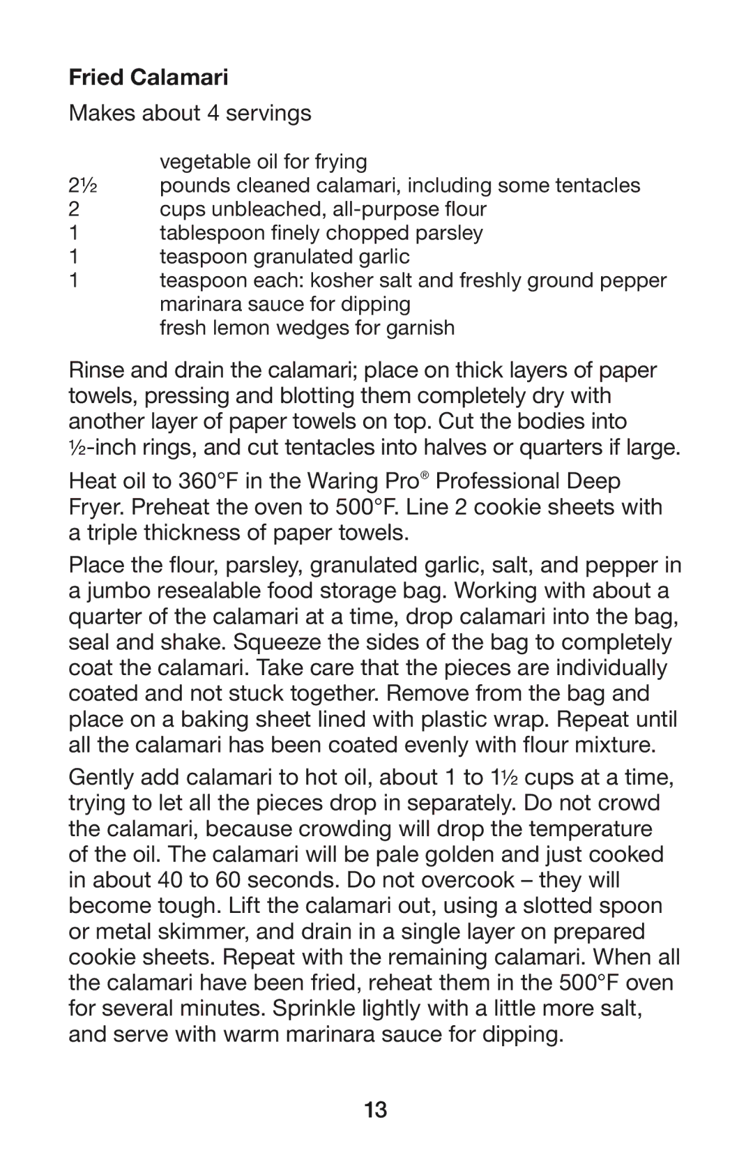 Waring DF280, DF250B manual Fried Calamari, Makes about 4 servings 