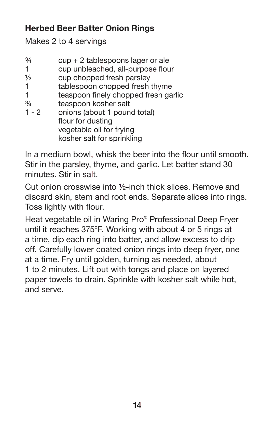 Waring DF250B, DF280 manual Herbed Beer Batter Onion Rings, Makes 2 to 4 servings 