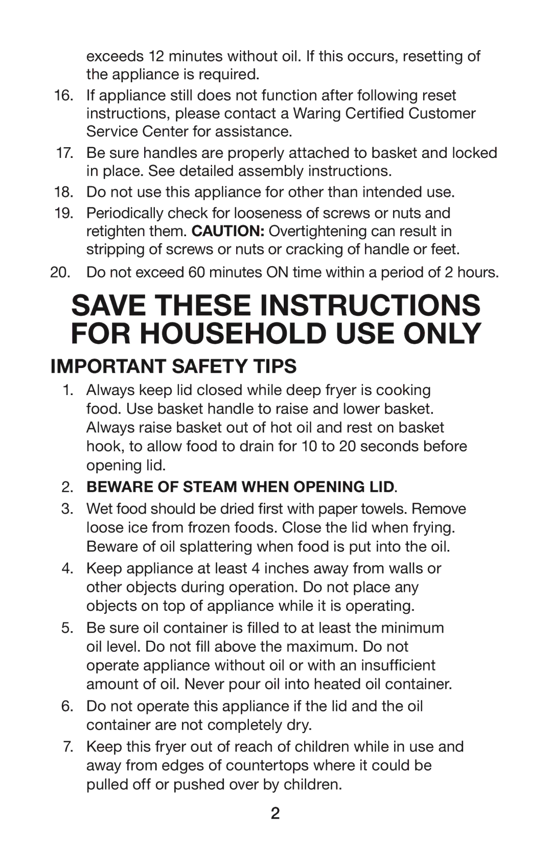 Waring DF250B, DF280 manual Save These Instructions for Household USE only, Important Safety Tips 