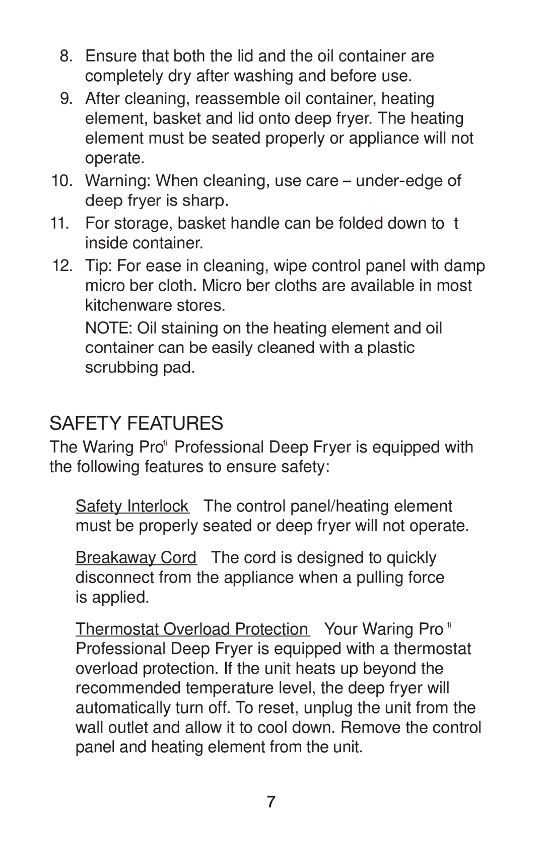 Waring DF280, DF250B manual Safety Features 