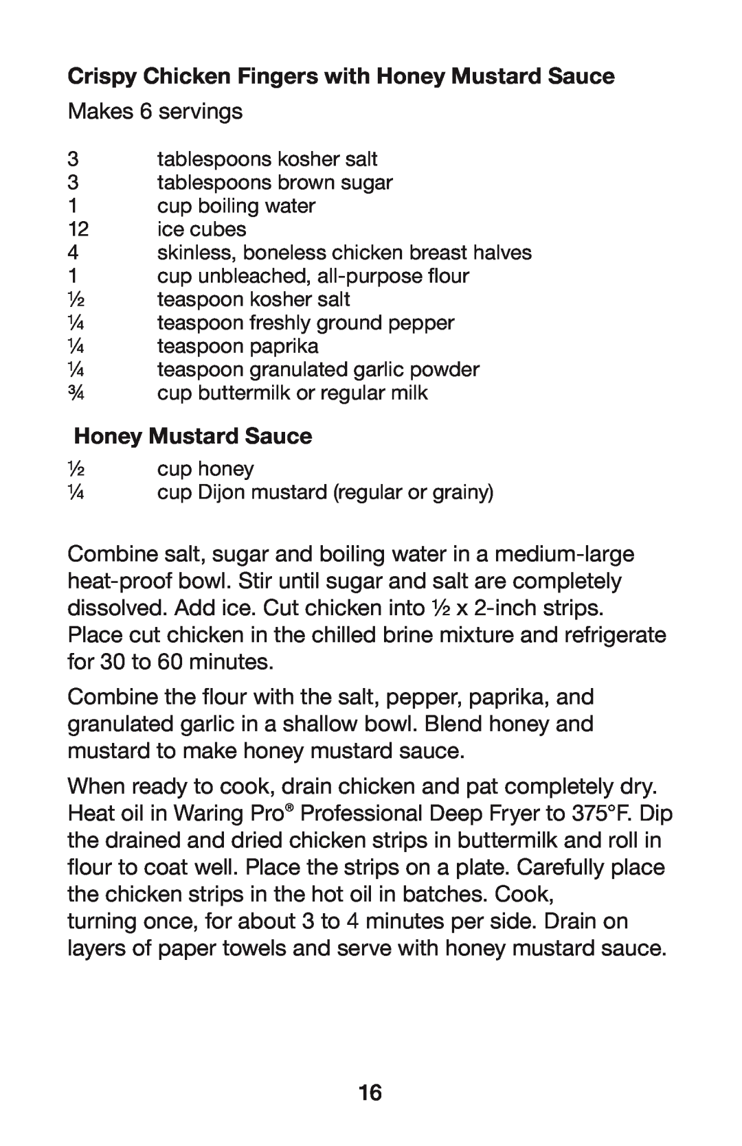 Waring DF250B, DF280 manual Crispy Chicken Fingers with Honey Mustard Sauce 