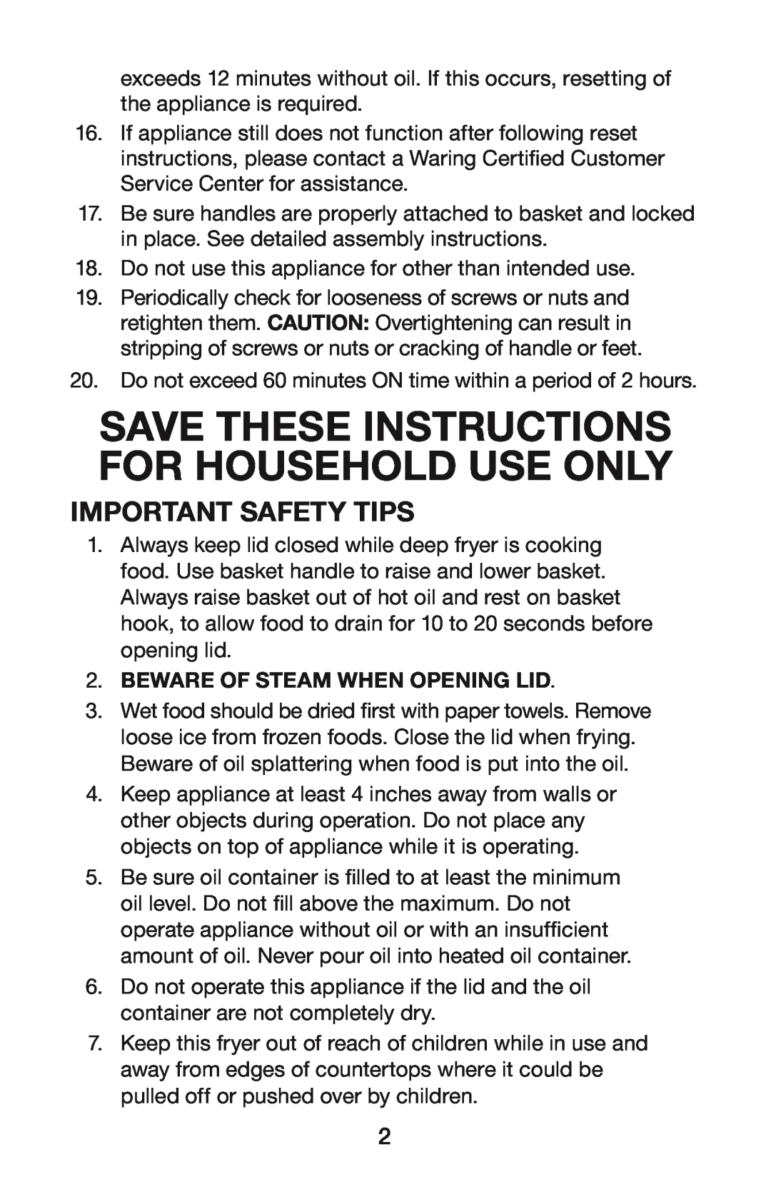 Waring DF250B Save These Instructions For Household Use Only, Important Safety Tips, Beware Of Steam When Opening Lid 