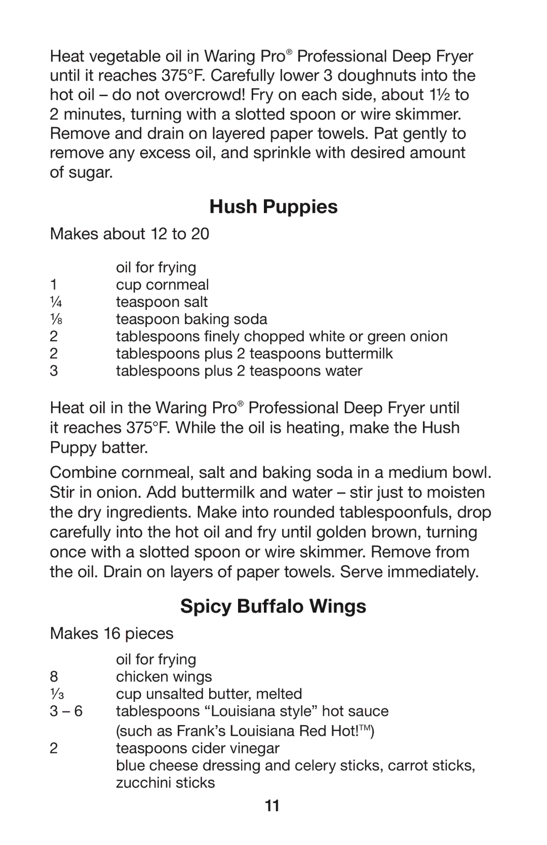 Waring DF55 manual Hush Puppies, Spicy Buffalo Wings, Makes about 12 to, Makes 16 pieces 