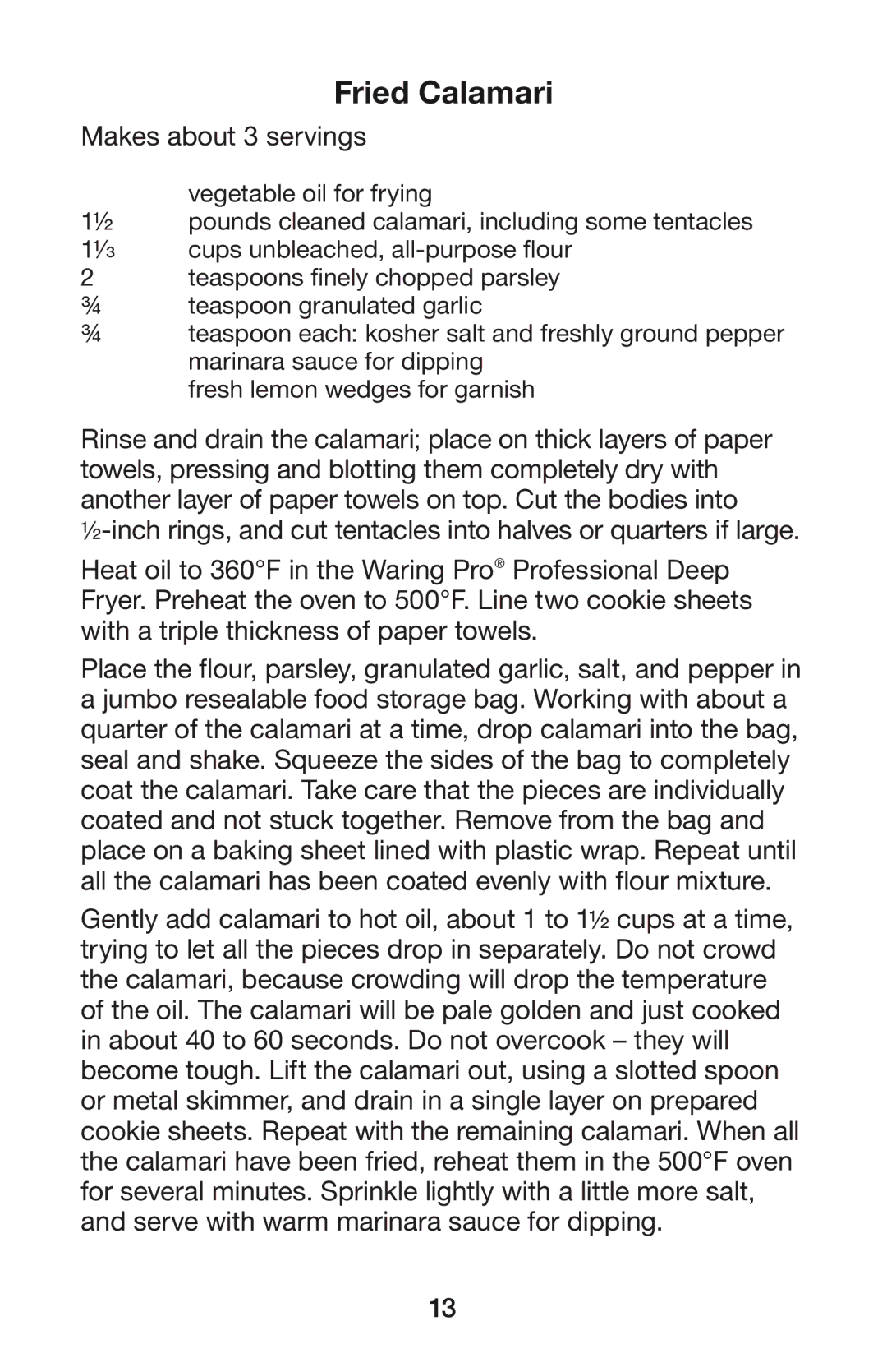 Waring DF55 manual Fried Calamari, Makes about 3 servings 