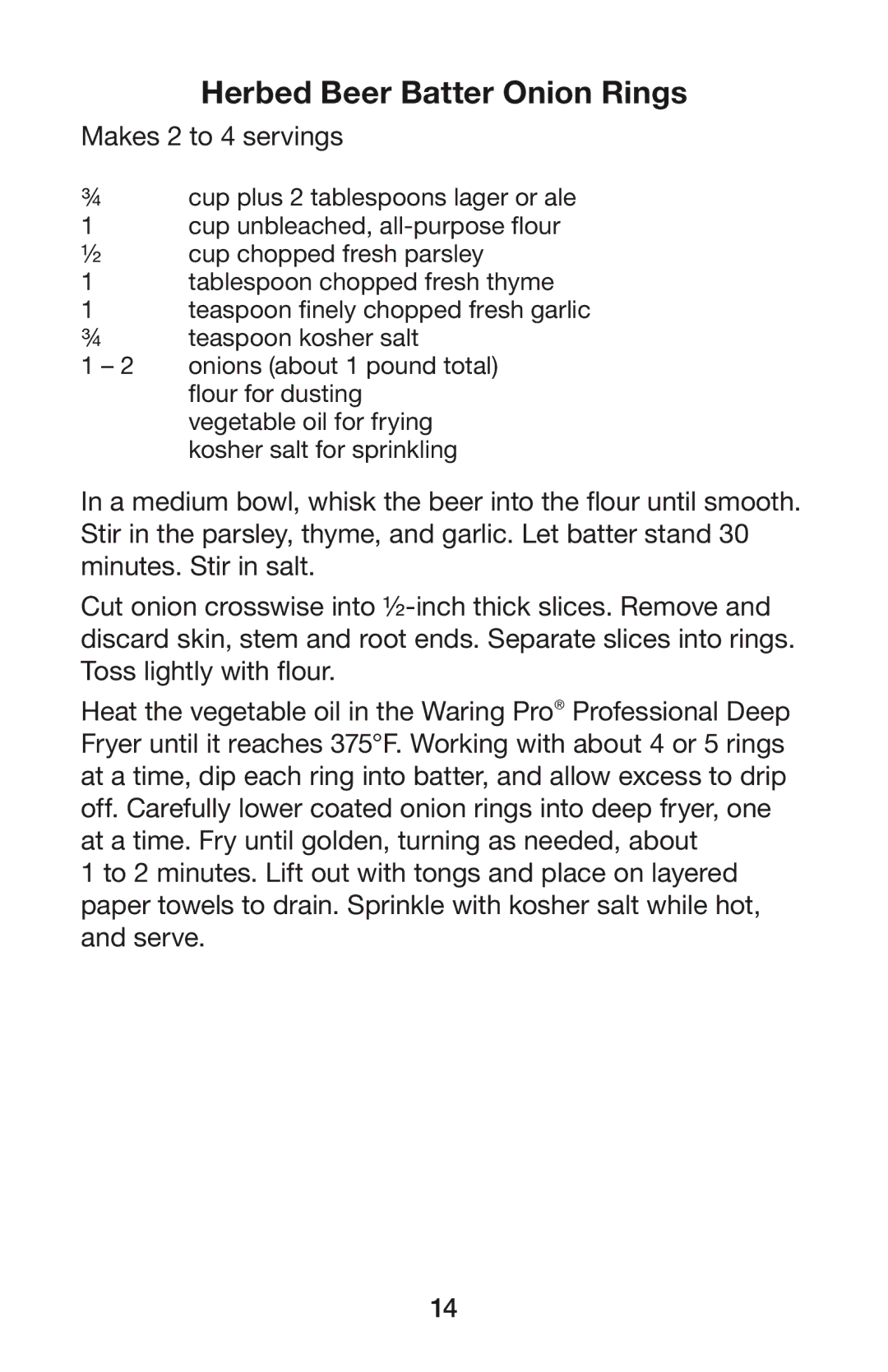 Waring DF55 manual Herbed Beer Batter Onion Rings, Makes 2 to 4 servings 