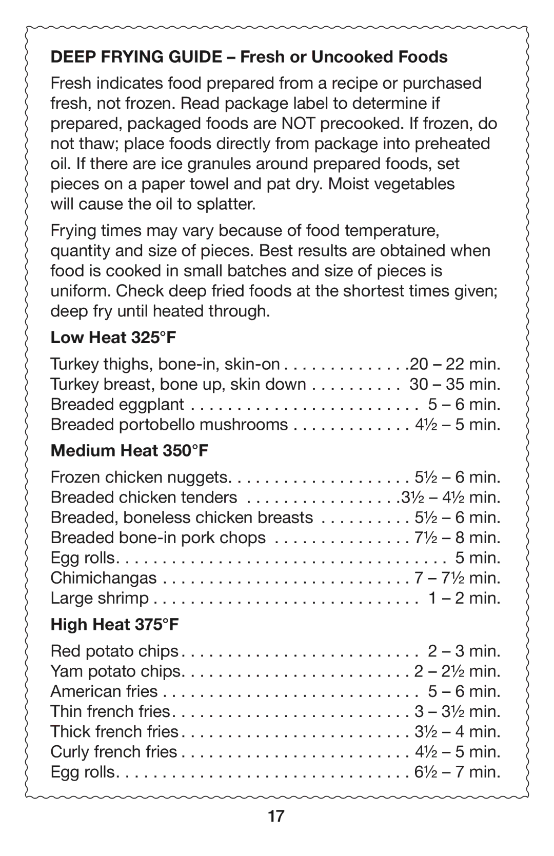 Waring DF55 manual Deep Frying Guide Fresh or Uncooked Foods, Low Heat 325F, Medium Heat 350F, High Heat 375F 