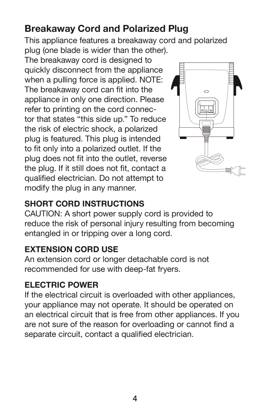 Waring DF55 manual Breakaway Cord and Polarized Plug, Short Cord Instructions Extension Cord USE 