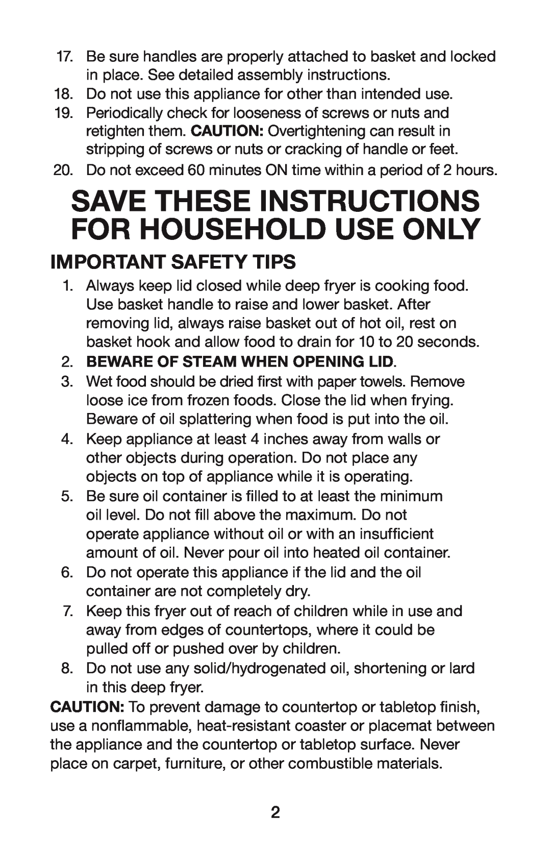 Waring DF55 manual Save These Instructions For Household Use Only, Important Safety Tips, Beware Of Steam When Opening Lid 