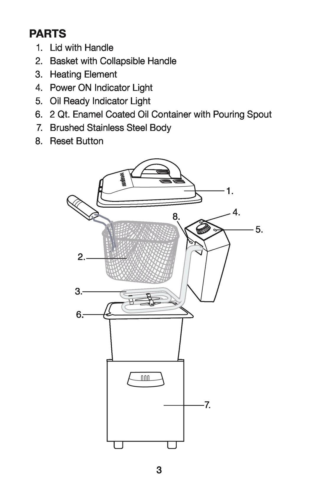 Waring DF55 manual Parts, Lid with Handle, Basket with Collapsible Handle, Heating Element 4.Power ON Indicator Light 
