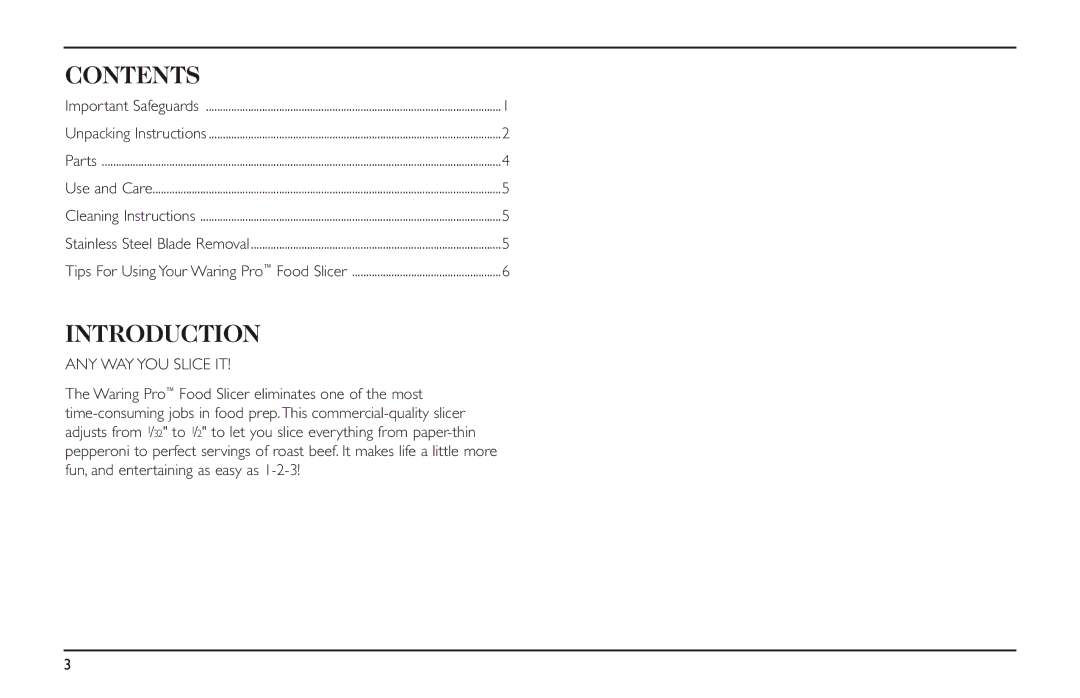 Waring FS150 manual Contents, Introduction 