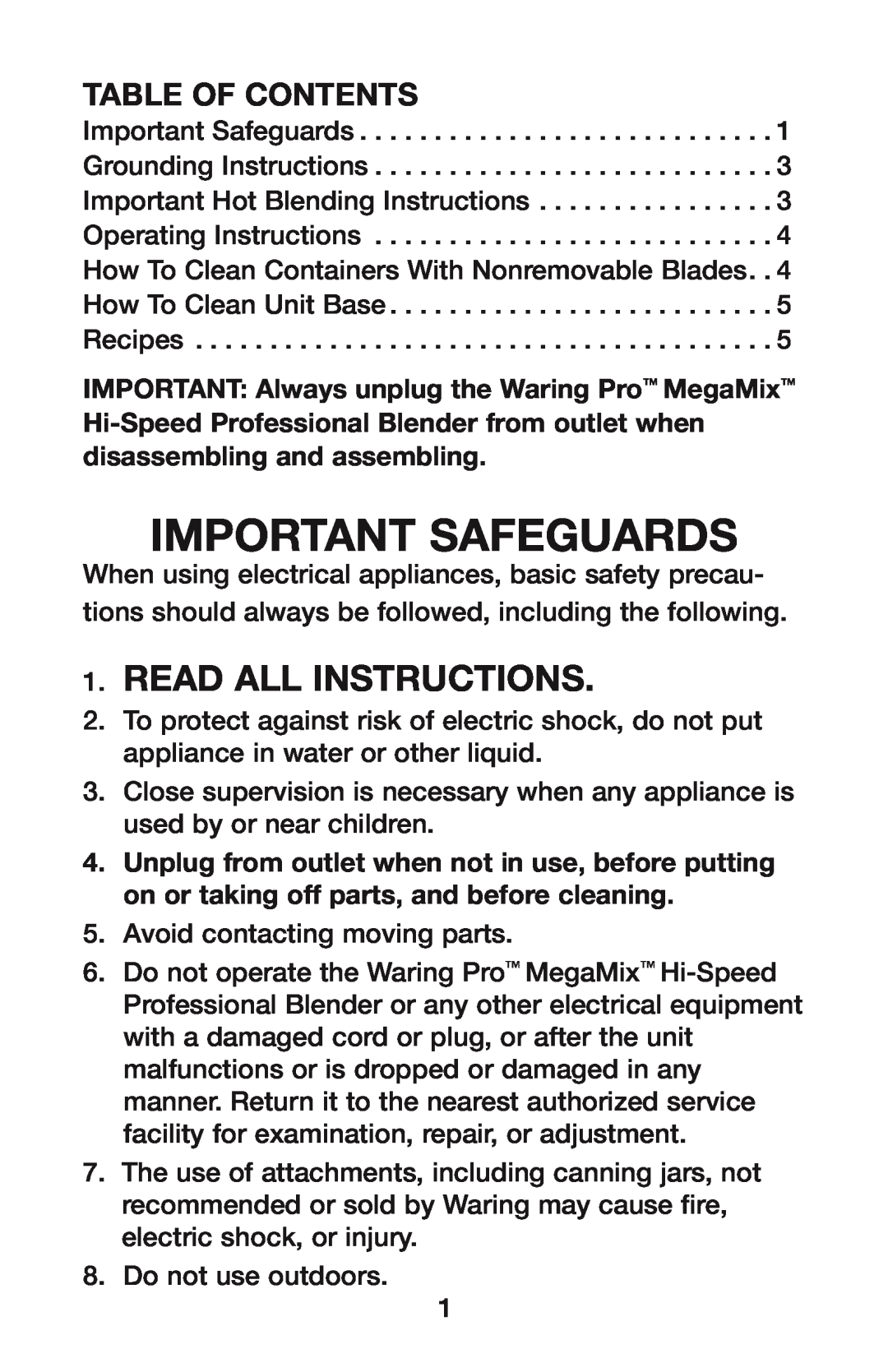 Waring HPB300BK manual Important Safeguards, Table Of Contents, Read All Instructions 