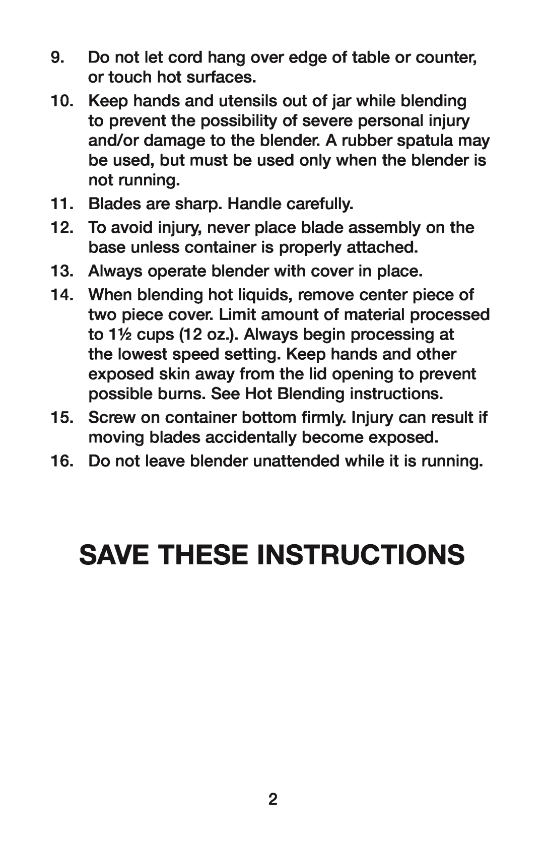 Waring HPB300BK manual Save These Instructions 