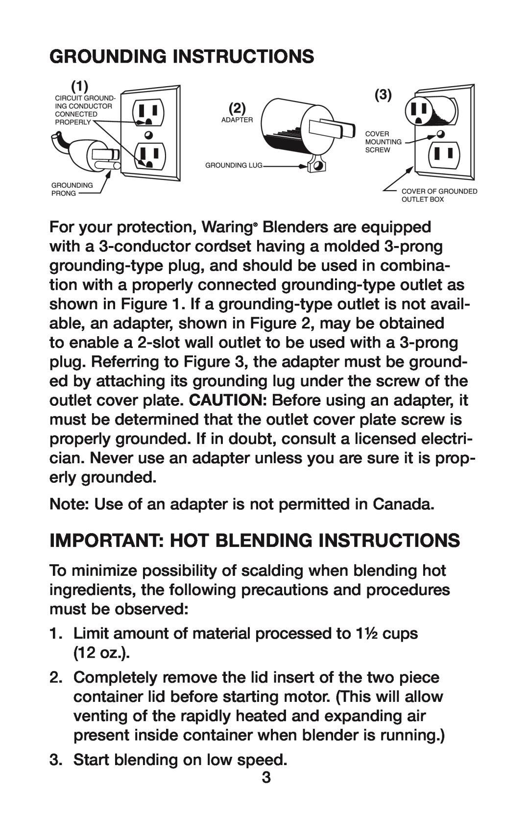 Waring HPB300BK manual Grounding Instructions, Important Hot Blending Instructions 