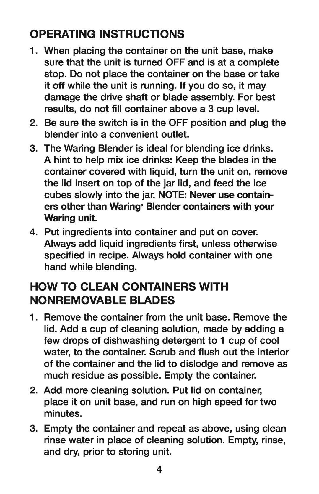 Waring HPB300BK manual Operating Instructions, How To Clean Containers with Nonremovable Blades 